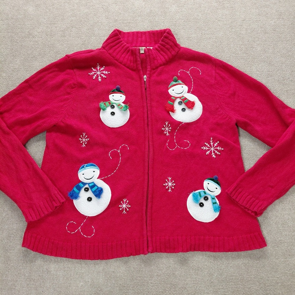 Cardigan Sweater Sz L Red Full Zip Snowman Embroidered Beaded Christmas Sweater